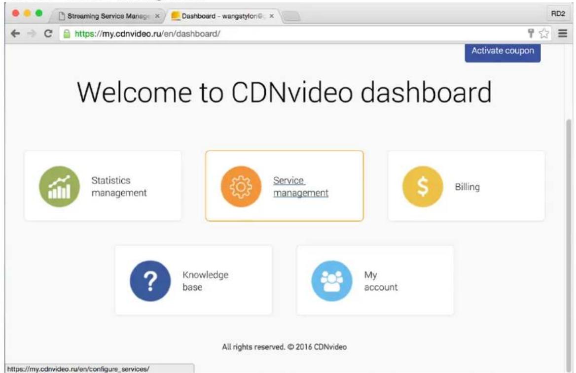 Welcome to CDNvideo dashboard Statistics management Service management Billing Knowledge base My account All rights reserved. © 2016 CDNvideo https://my.cdnvideo.ru/en/configure_services/