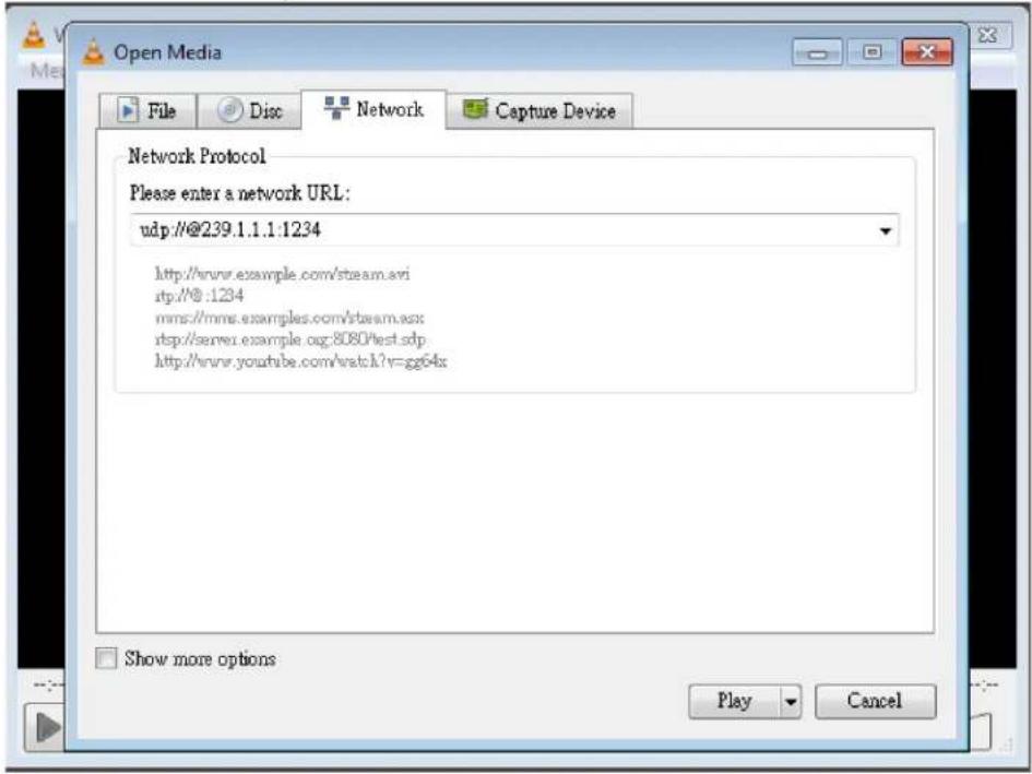 Open Media File Disc Network Capture Device Network Protocol Please enter a network URL: udp://@239.1.1.1:1234 http://rvnr.example.com/stream.avi stp://@:1234 mms://mms.examples.com/vstream.asx stp://server.example.org:8080/rest.sdp http://rvnr.youtube.com/watch?v=gg64x Show more options Play Cancel