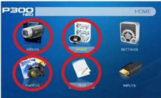 P300 NEO HOME VIDEOS MUSIC SETTINGS PHOTOS TEXT INPUTS