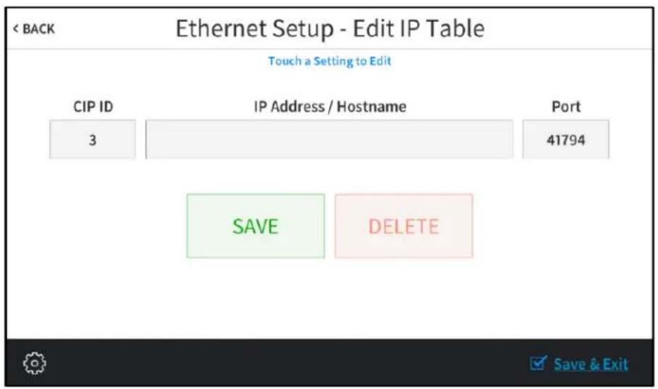 Ethernet Setup - Edit IP Table < BACK Touch a Setting to Edit CIP ID IP Address / Hostname Port 3 41794 SAVE DELETE Save & Exit