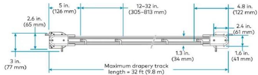 5 in. (126 mm) 12-32 in. (305-813 mm) 4.8 in. (122 mm) 2.6 in. (65 mm) 2.4 in. (61 mm) 3 in. (77 mm) 1.3 in. (34 mm) 1.6 in. (41 mm) Maximum drapery track length = 32 ft (9.8 m)