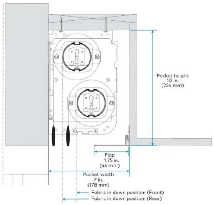 Pocket height 10 in. (254 mm) Flap 1.75 in. (44 mm) Pocket width 7 in. (178 mm) Fabric in down position (Front) Fabric in down position (Rear)