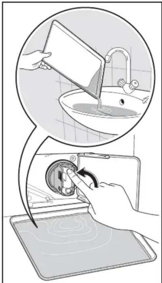 Illustration showing a hand washing a sink with a tablet, and demonstrating the process to clean or reuse a device.