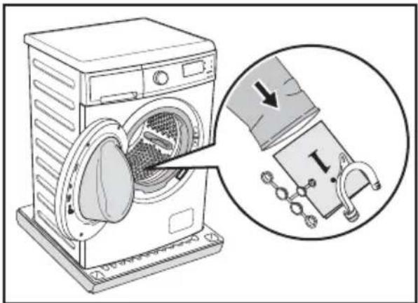 Diagram showing a washing machine with a close-up of its internal components, including a magnified view of the device's electrical connections.