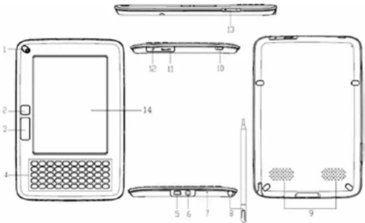 Technical diagram of a mobile phone chassis with labeled parts, showing front, back, and interior views.