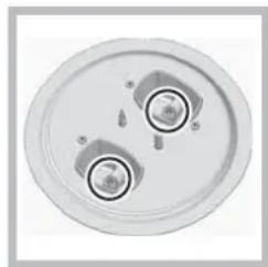 Top-down view of a circular mechanical component with two central holes and mounting holes.