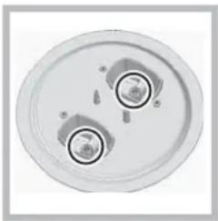 Top-down view of a circular mechanical component with two circular holes and mounting holes.