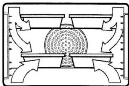 Pure technical diagram of a mechanical or fluidic component with no text, numbers, or symbols