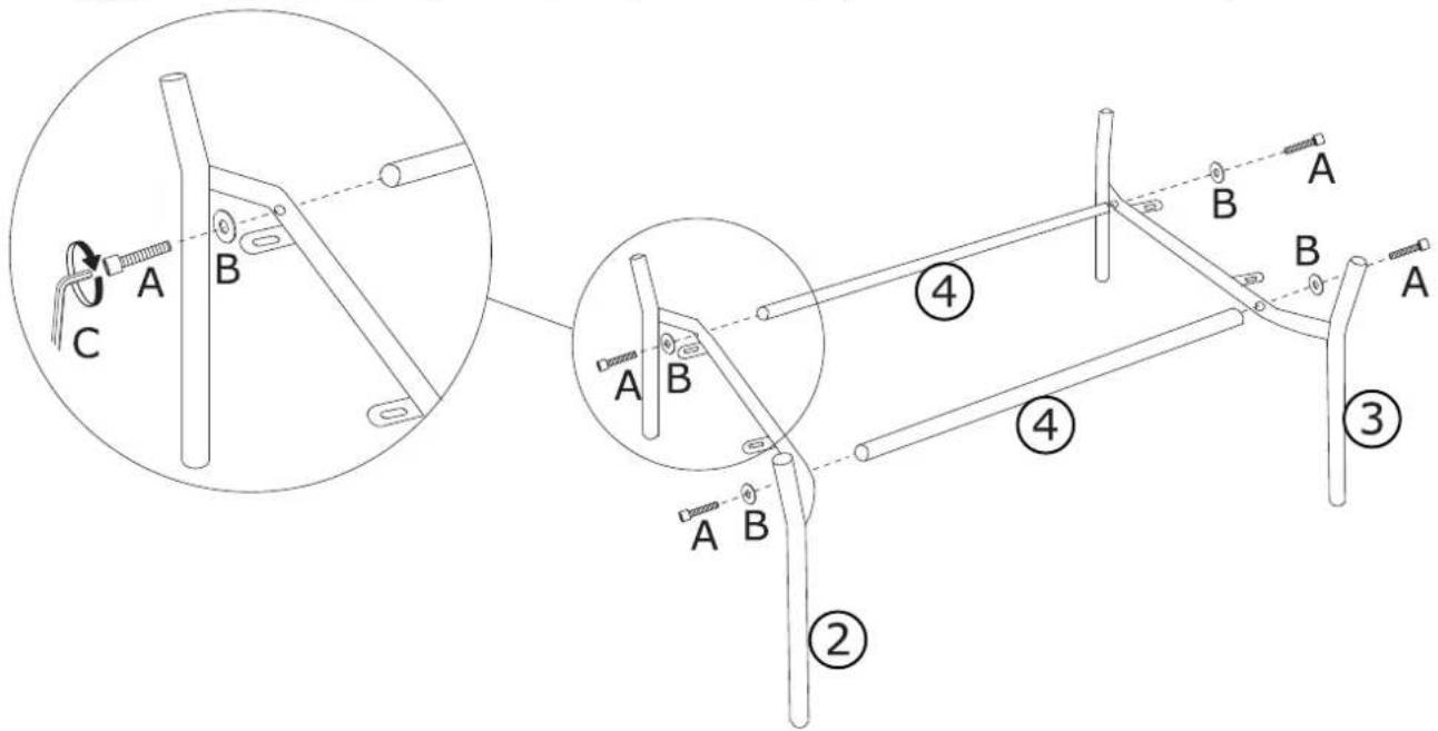 Technical diagram showing mechanical assembly with labeled parts A, B, and C, including zoomed-in detail and numbered components.