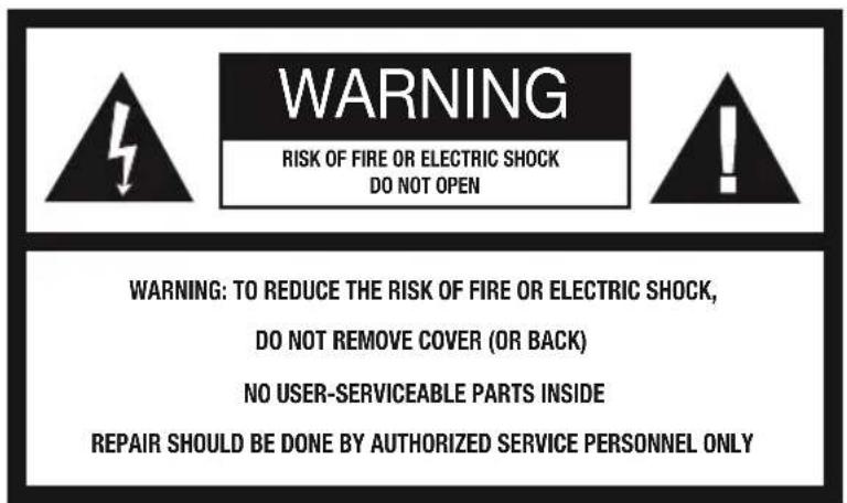 WARNING RISK OF FIRE OR ELECTRIC SHOCK DO NOT OPEN WARNING: TO REDUCE THE RISK OF FIRE OR ELECTRIC SHOCK, DO NOT REMOVE COVER (OR BACK) NO USER-SERVICEABLE PARTS INSIDE REPAIR SHOULD BE DONE BY AUTHORIZED SERVICE PERSONNEL ONLY