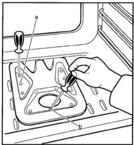 Technical diagram showing a hand using a dropper to inspect a mechanical component, labeled with parts 'a' and 'b'.