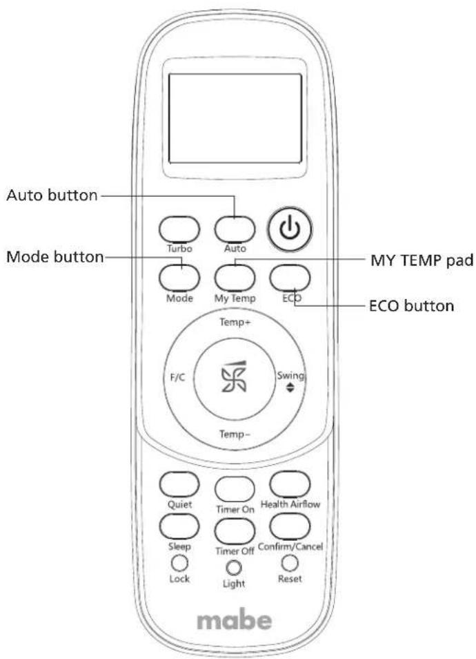 Auto button Mode button Turbo Auto Mode My Temp ECO Temp+ F/C Swing Temp- Quiet Timer On Health Airflow Sleep Timer Off Confirm/Cancel Lock Light Reset MY TEMP pad ECO button mabe