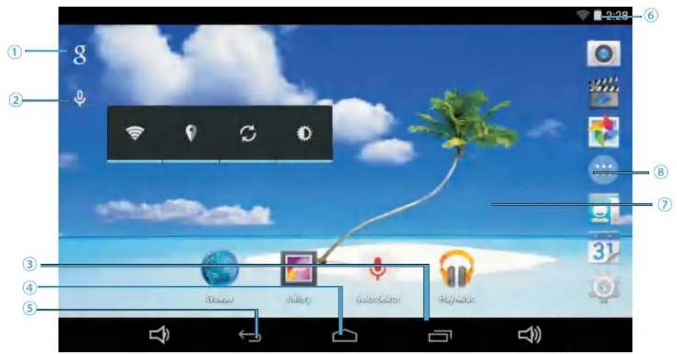 Screenshot of a mobile app home screen with labeled UI components including navigation, audio, video, and audio jack.