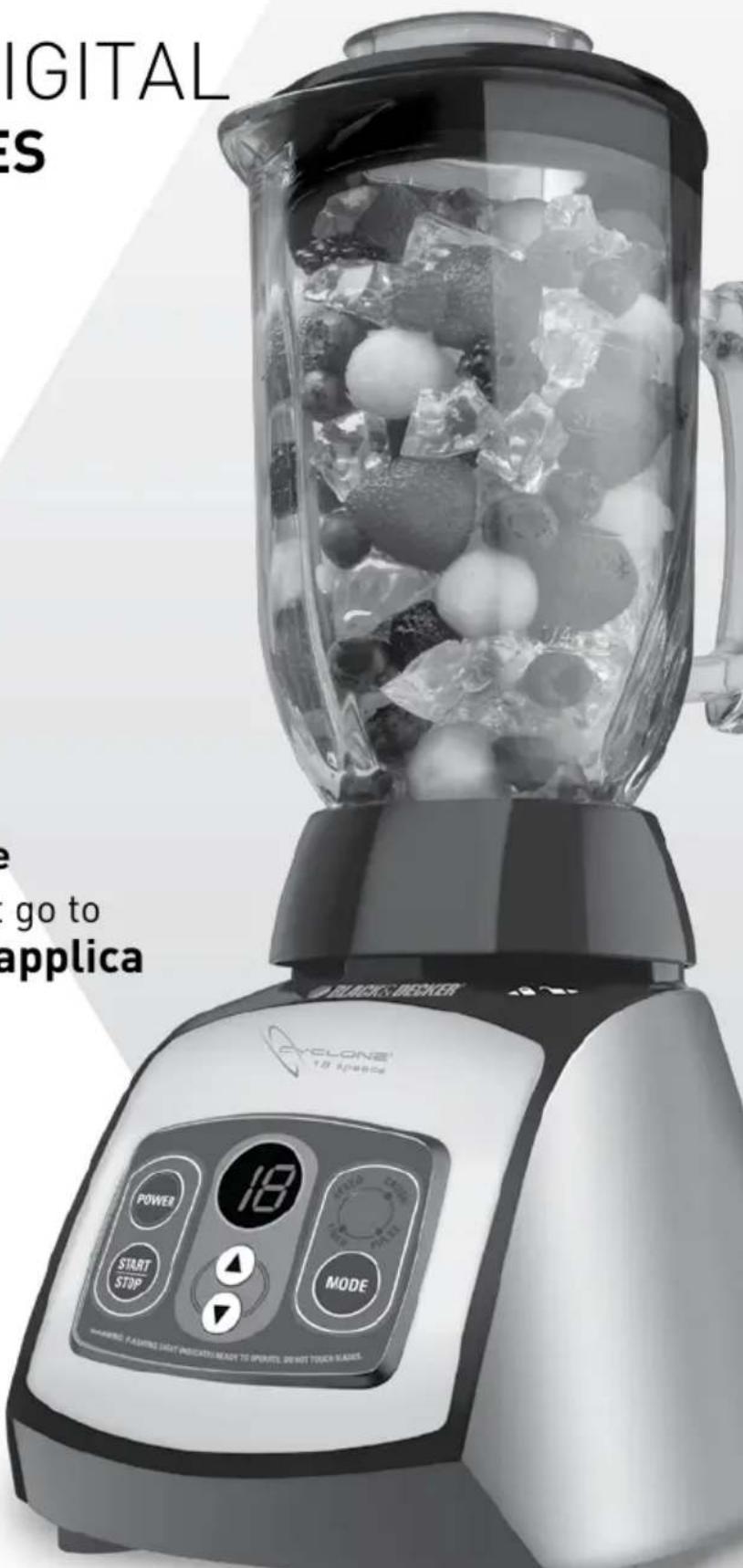 DIGITAL ES e go to applica BLACK & WEEKER 18 Spices POWER START STOP 18 MODE WARNING: PASSIBLE LIGHT INDICATED.READY TO SPINATE. PRINT TOUCH NAMES