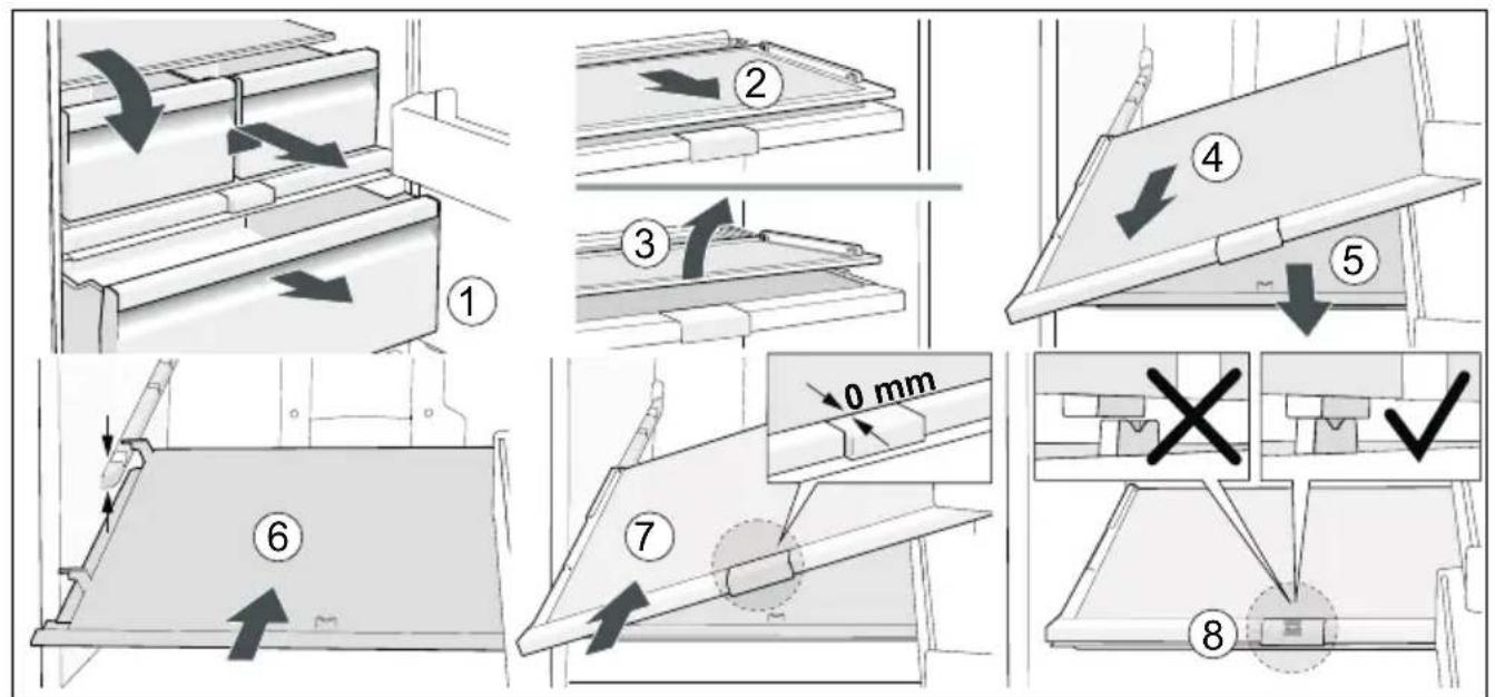 Technical diagram illustrating eight steps of a mechanical assembly with numbered components and directional arrows indicating motion or movement.