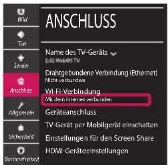 ANSCHLUSS Name des TV-Geräts UG WebOS TV Drahtgebundene Verbindung (Ethernet) Nicht verbunden WI FI-Verbindung Mit dem Internet verbunden Geräteanschluss TV-Gerät per Mobilgerät einschalten Einstellungen für den Screen Share HDMI-Geräteelnstellungen