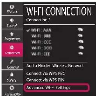 WI-FI CONNECTION Connection / ✓ WI-FI: AAA WI-FI: BBB WI-FI: CCC WI-FI: DDD WI-FI: EEE Add a Hidden Wireless Network Connect via WPS PBC Connect via WPS PIN Advanced Wi-Fi Settings