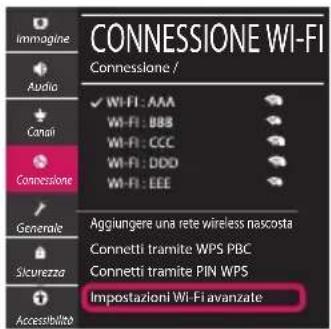 CONNESSIONE WI-FI Connessione / ✓ WI-FI : AAA WI-FI : BBB WI-FI : CCC WI-FI : DDD WI-FI : EEE Connessione ✓ Generate Aggiungere una rete wireless nascosta Connetti tramite WPS PBC Connetti tramite PIN WPS Impostazioni Wi-Fi avanzale Sicurezza Accessibilità