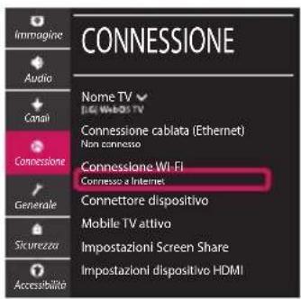 CONNESSIONE Immagine Audio Canali Connessione Generale Sicurezza Accessibilità Nome TV BGI WBSI TV Connessione cablata (Ethernet) Non connesso Connessione Wi-Fi Connesso a Internet Connettore dispositivo Mobile TV attivo Impostazioni Screen Share Impostazioni dispositivo HDMI