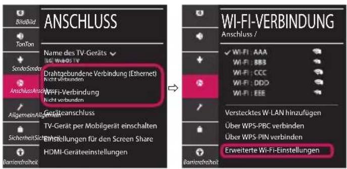 ANSCHLUSS Name des TV-Geräts UG-Wi-POS TV Drahtgebundene Verbindung (Ethernet) Nicht verbunden WISFI-Verbindung Nicht verbunden Geräteanschluss TV-Gerät per Mobilgerät einschalten Einstellungen für den Screen Share HDMI-Geräteeinstellungen Wi-Fi-VERBINDUNG Anschluss / Wi-Fi : AAA Wi-Fi : BBB Wi-Fi : CCC Wi-Fi : DDD Wi-Fi : EEE Verstecktes W-LAN hinzufügen Über WPS-PBC verbinden Über WPS-PIN verbinden Erweiterte Wi-Fi-Einstellungen
