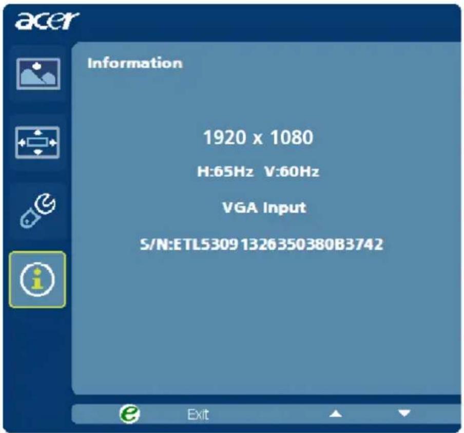 acer Information 1920 x 1080 H:65Hz V:60Hz VGA Input S/N:ETL53091326350380B3742 Exit