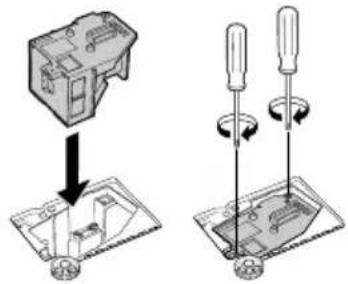 Diagram showing two steps of a device assembly: one with a box and arrow indicating direction, the other with three screwdrivers and rotating arrows.