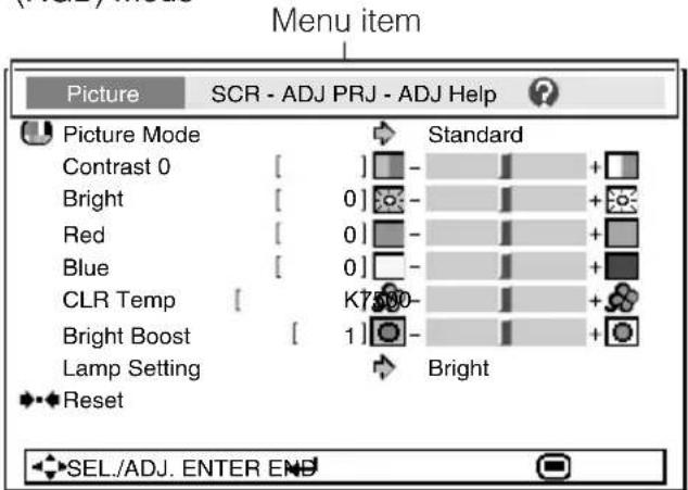 Menu item Picture SCR - ADJ PRJ - ADJ Help Picture Mode Contrast 0 Bright Red Blue CLR Temp Bright Boost Lamp Setting Reset Standard K7500- 1 Bright SEL./ADJ. ENTER END