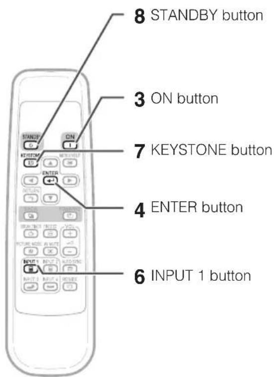 8 STANDBY button 3 ON button 7 KEYSTONE button 4 ENTER button 6 INPUT 1 button