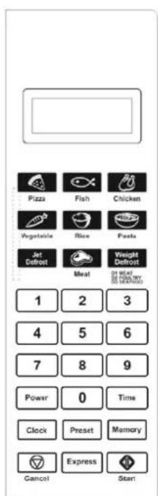 Pizza Fish Chicken Vegetable Rice Pasta Jet Defroot Meat Weight Defroot 1 2 3 4 5 6 7 8 9 Power 0 Time Clock Preset Memory Cancel Express Start
