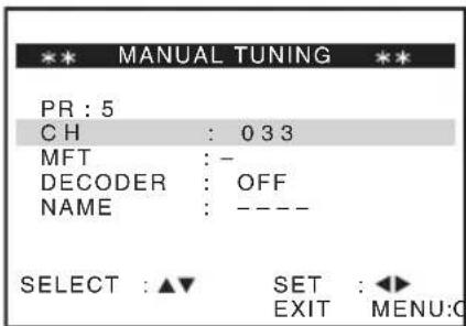 MANUAL TUNING PR : 5 CH : 033 MFT : - DECODER : OFF NAME : ---- SELECT : ▲▼ SET : ◀◀ EXIT MENU:0