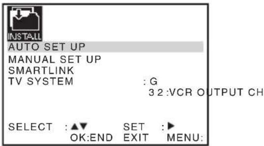 INSTALL AUTO SET UP MANUAL SET UP SMARTLINK TV SYSTEM : G 3 2 :VCR OUTPUT CH SELECT : ▲▼ SET :► OK:END EXIT MENU: