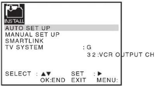INSTALL AUTO SET UP MANUAL SET UP SMARTLINK TV SYSTEM : G 3 2 :VCR OUTPUT CH SELECT : ▲▼ SET :► OK:END EXIT MENU: