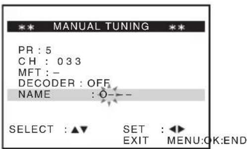 MANUAL TUNING PR : 5 CH : 033 MFT : - DECODER : OFF NAME : O-- SELECT : ▲▼ SET : ◀► EXIT MENU:OK:END