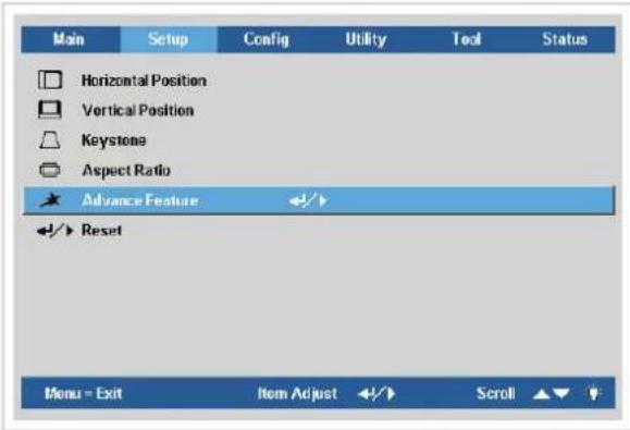 Main Setup Config Utility Tool Status Horizontal Position Vertical Position Keystone Aspect Ratio Advance Feature Reset Menu = Exit Item Adjust Scroll