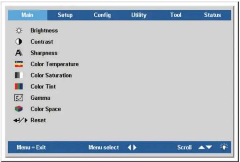 Main Setup Config Utility Tool Status Brightness Contrast Sharpness Color Temperature Color Saturation Color Tint Gamma Color Space Reset Menu = Exit Menu select Scroll