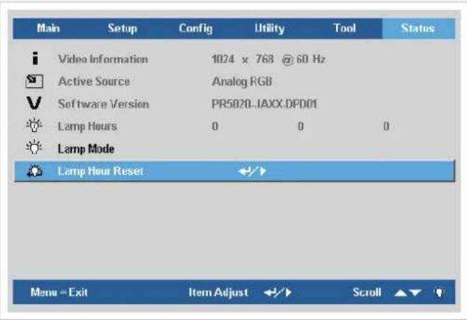 Main Setup Config Utility Tool Status Video Information 1024 x 768 @ 60 Hz Active Source Analog RGB Software Version PR5020_JAXX.DPDD1 Lamp Hours 0 0 0 Lamp Mode Lamp Hour Reset Menu - Exit Item Adjust Scroll