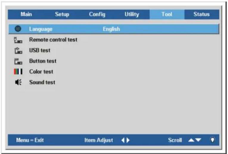Main Setup Config Utility Tool Status Language English Remote control test USB test Button test Color test Sound test Menu = Exit Item Adjust Scroll