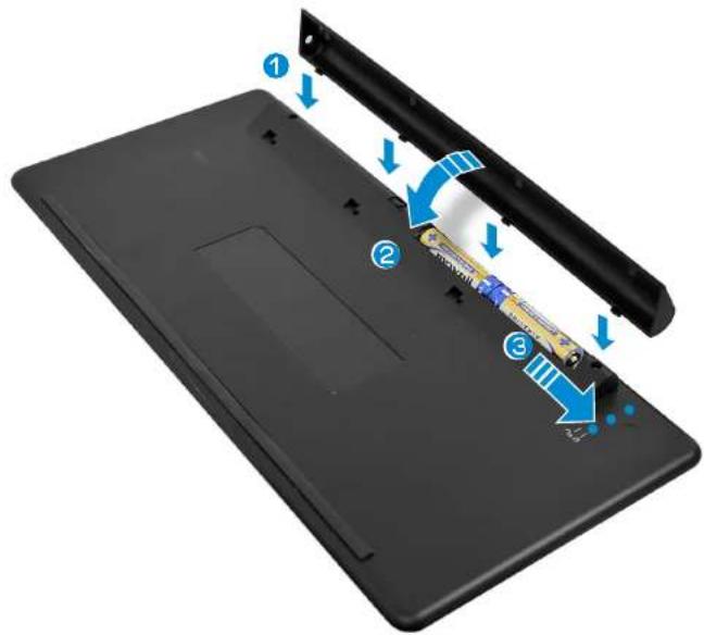 Diagram of a laptop rear panel showing three labeled parts with blue arrows indicating motion or movement, likely illustrating a device's internal structure.