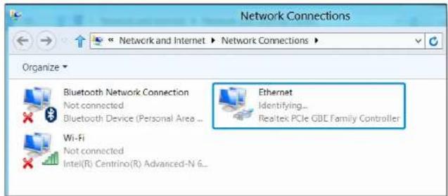 Network Connections Organize Bluetooth Network Connection Not connected Bluetooth Device (Personal Area ... Wi-Fi Not connected Intel(R) Centrino(R) Advanced-N 6... Ethernet Identifying... Realtek PCIe GBC Family Controller