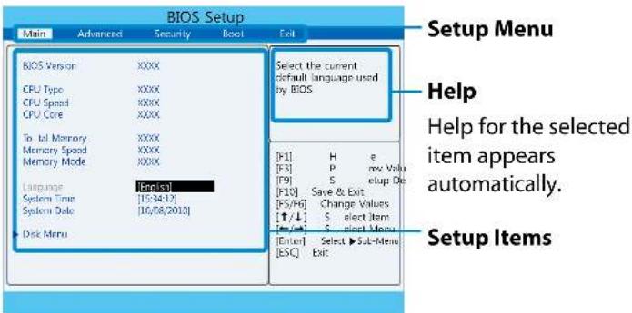 BIOS Setup Main Advanced Security Boot Exit BIOSS Version XXXX CPU Type XXXX CPU Speed XXXX CPU Core XXXX To IoT Memory XXXX Memory Speed XXXX Memory Mode XXXX Language [Form15] System Time [15/34/12] System Date [16/18/2010] Disk Menu Select the current default language used by BIOS [H] P E [P] P E rev Value [F9] S setup Do [F10] Save & Exit [F5/F6] SChange Values [T↑/↓] Select Item [S→] Select Menu [Enter] Select ▶ Sub-Menu [ESC] Exit Setup Menu Help Help for the selected item appears automatically. Setup Items