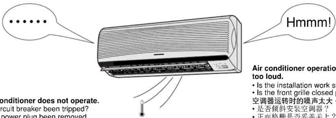 Hmmm! Conditioner does not operate. circuit breaker been tripped? power plug been removed. Air conditioner operation too loud. • Is the installation work sh • Is the front grille closed p 空调器运转时的噪声太大。 • 是否倾斜安装空调器? • 正血格栅是否妥善关上?