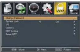 Change Password System Lock US Canada Init Setting Reset RSTY 50% Move On Next Cancel Return
