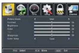 Picture Mode Current Brightness Color Tint Sharpe Color Strip User 0% 0% 50% 50% 0% 5% Color Good OK Cancel Save Next Exit