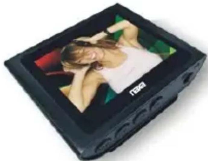Black rectangular electronic device with a person lying on the screen, no visible text or symbols on the device itself.