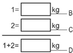 1= kg B 2= kg C 1+2= kg D
