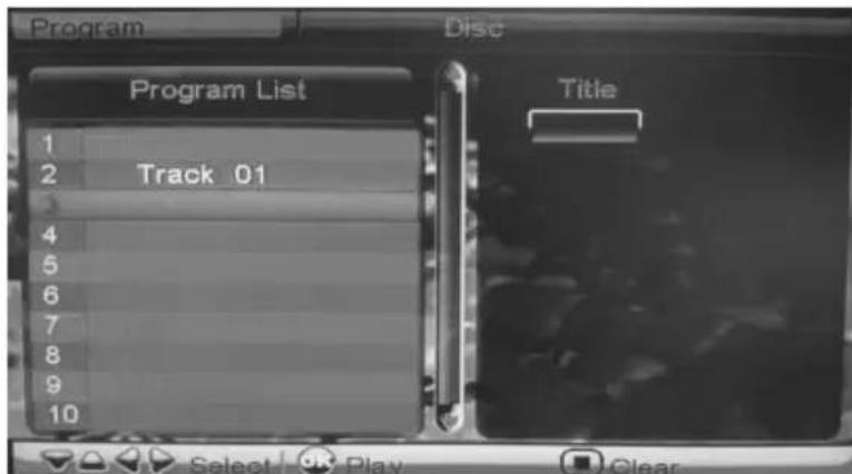 Program Disc Program List 1 2 Track 01 3 4 5 6 7 8 9 10 Title Select Play Clear