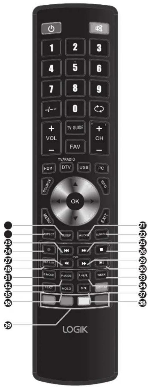 1 2 3 4 5 6 7 8 9 -/-- 0 + TV GUIDE + VOL CH - FAV - TV/RADIO HDMI DTV USB PC SOURCE INFO OK MENU EXIT ASPECT SLEEP AUDIO MULT PVR REC LIST HI S MODE PMODE R/VE/L INDEX TEXT HOLD SIZE DISCAT LOGIK 21 22 23 24 25 26 27 28 29 30 31 32 33 34 35 36 37 38 39