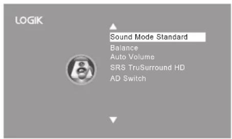 LOGIK Sound Mode Standard Balance Auto Volume SRS TruSurround HD AD Switch