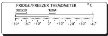 Fridge/freezer thermometer in degrees Celsius, with scale from -30 to +40, showing freezer and fridge zones