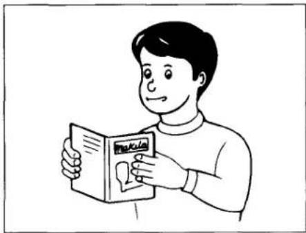 Illustration of a person holding a book with a bookmark (no text or symbols visible)